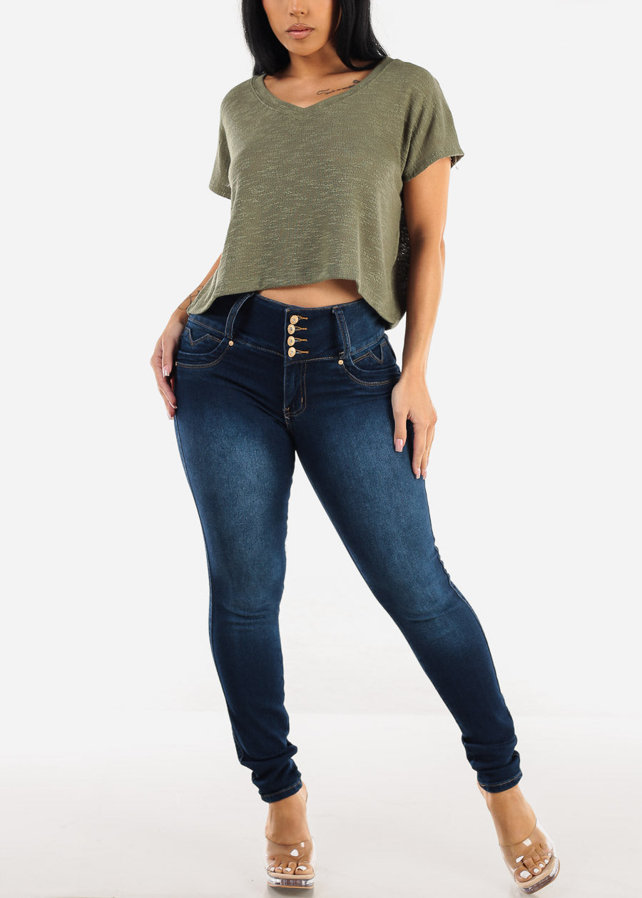 Vneck Short Sleeve Knit Crop Top Olive