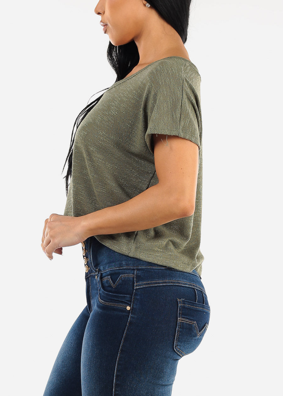 Vneck Short Sleeve Knit Crop Top Olive