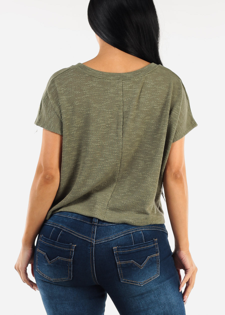 Vneck Short Sleeve Knit Crop Top Olive