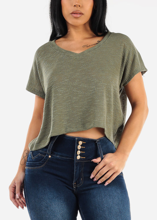 Vneck Short Sleeve Knit Crop Top Olive