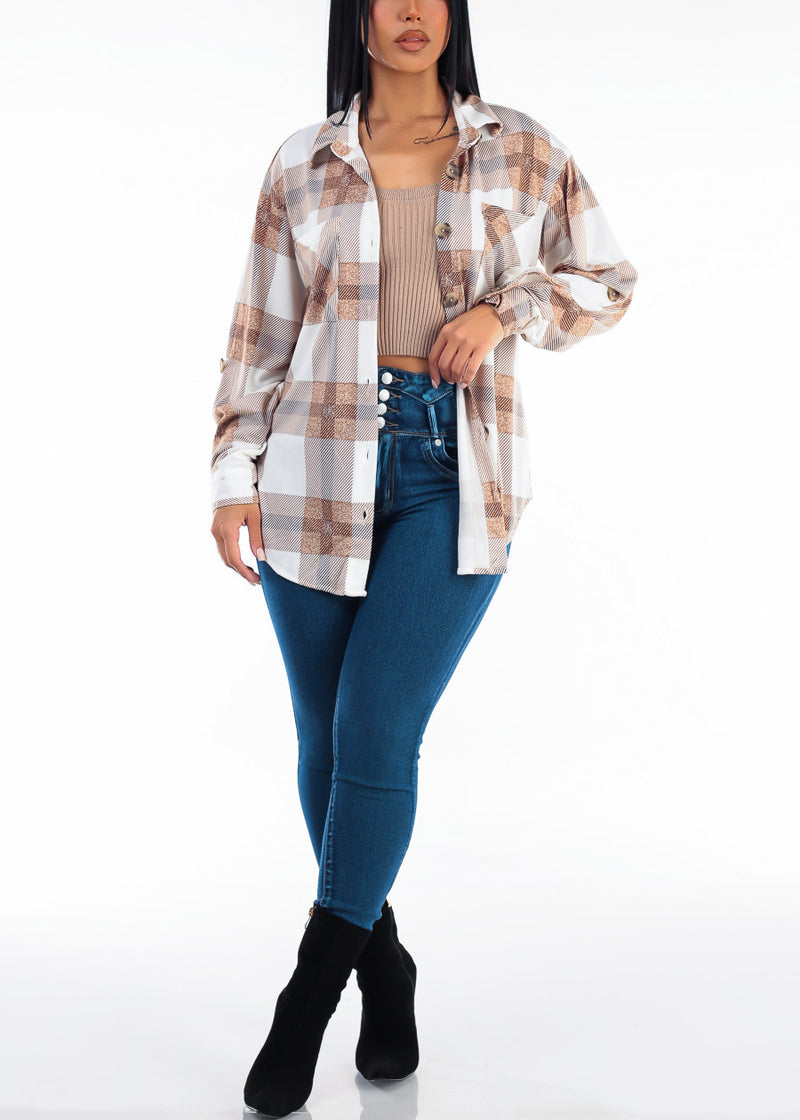 Long Sleeve Button Up Stretch Plaid Shacket Taupe & White