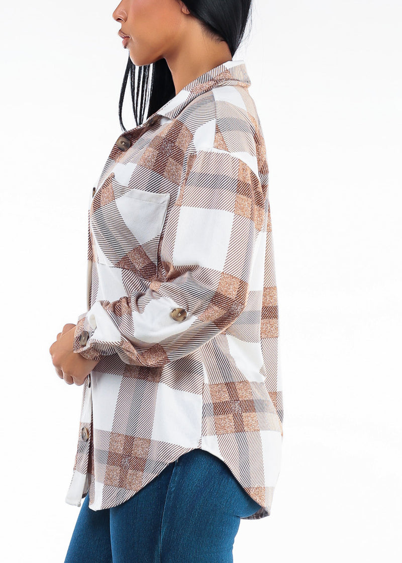 Long Sleeve Button Up Stretch Plaid Shacket Taupe & White