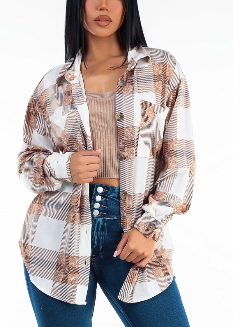 Long Sleeve Button Up Stretch Plaid Shacket Taupe & White