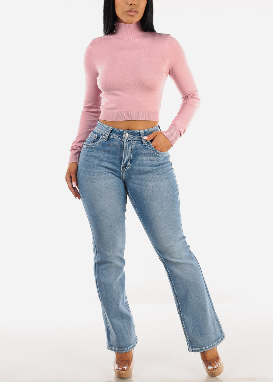 Long Sleeve Mock Neck Crop Sweater Light Pink