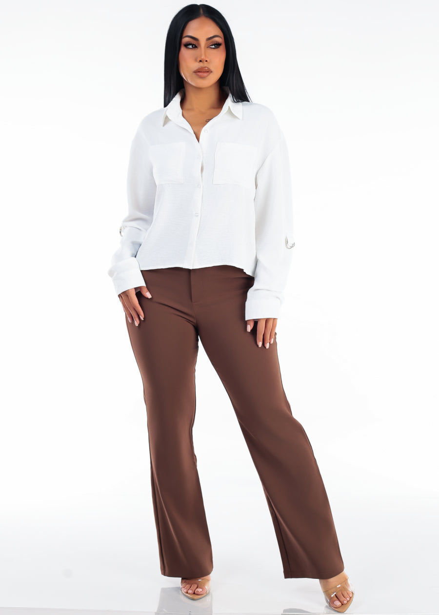Long Sleeve White Button Up Collared Blouse White, view 2 of 4