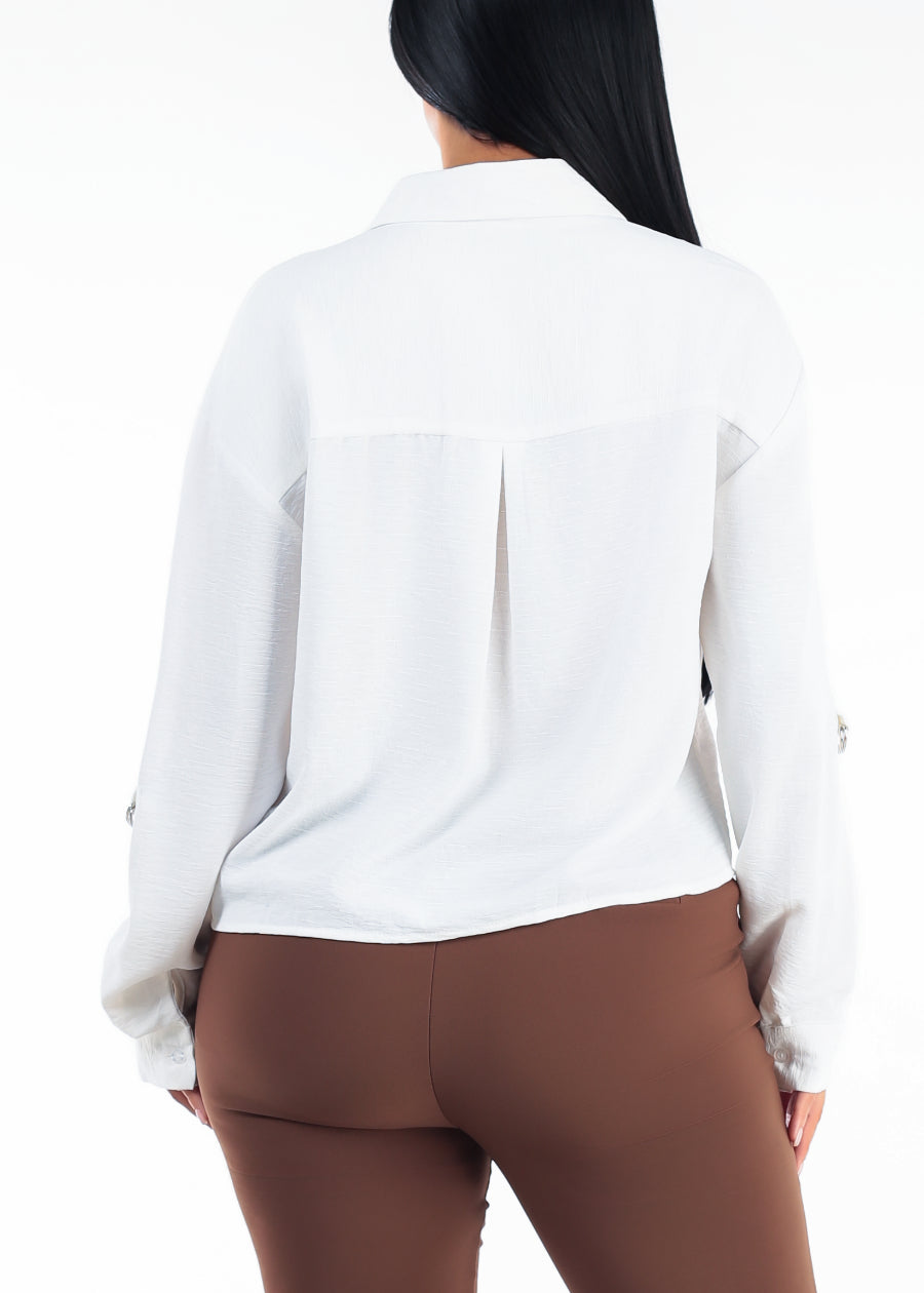 Long Sleeve White Button Up Collared Blouse White, view 4 of 4