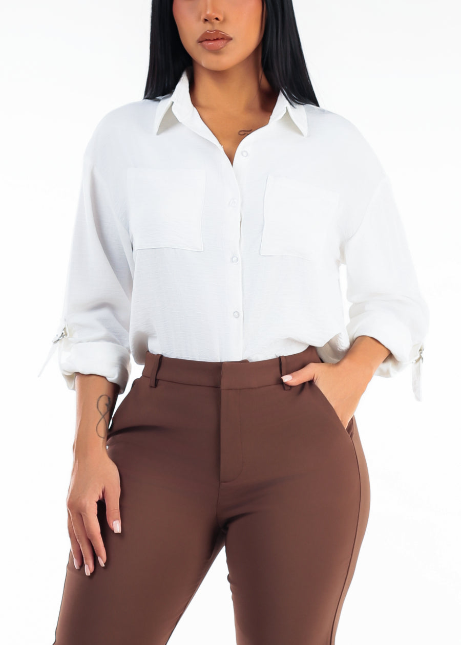 Long Sleeve White Button Up Collared Blouse White, view 1 of 4