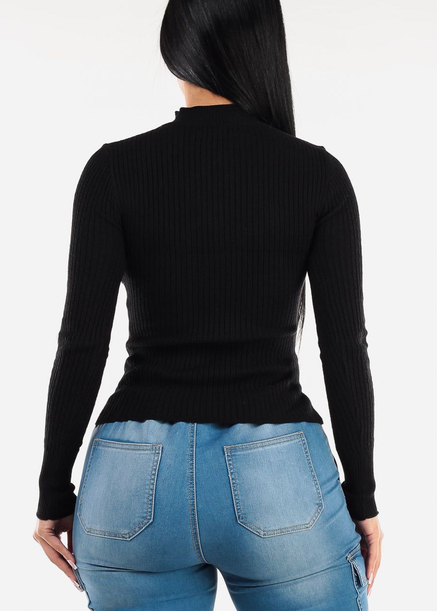 Fitted Long Sleeve Rib Knit Sweater Black