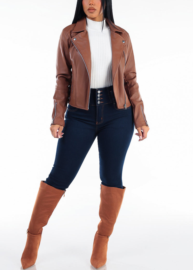 Long Sleeve Zip Up Vegan Leather Moto Jacket Caramel Brown
