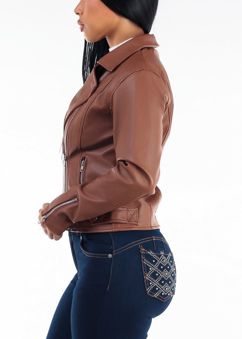 Long Sleeve Zip Up Vegan Leather Moto Jacket Caramel Brown