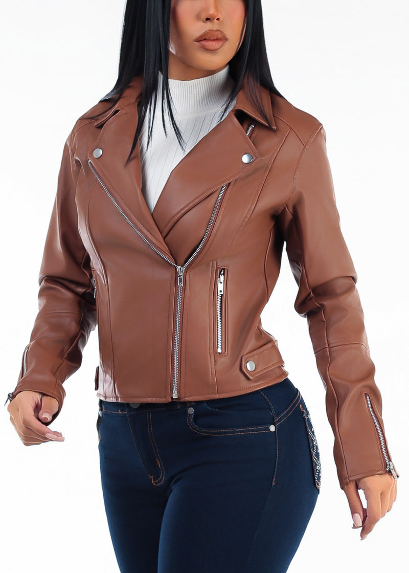 Long Sleeve Zip Up Vegan Leather Moto Jacket Caramel Brown