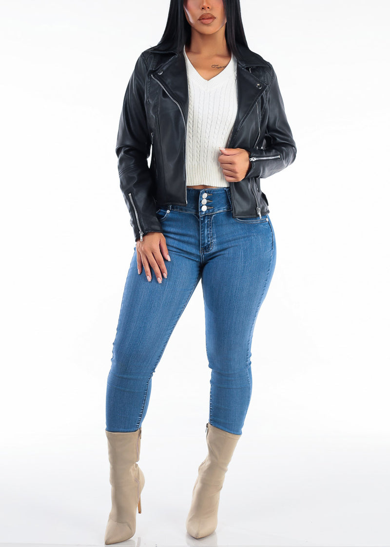 Long Sleeve Zip Up Vegan Leather Moto Jacket Black