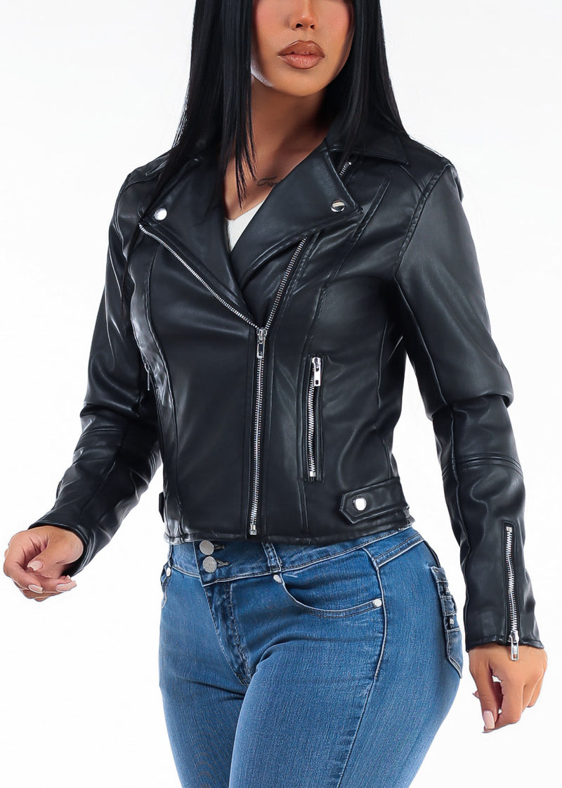 Long Sleeve Zip Up Vegan Leather Moto Jacket Black