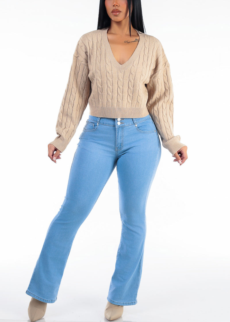 Oversized Long Sleeve Vneck Cable Knit Sweater Khaki