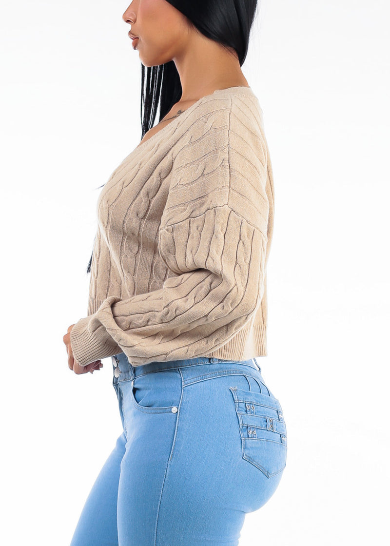 Oversized Long Sleeve Vneck Cable Knit Sweater Khaki