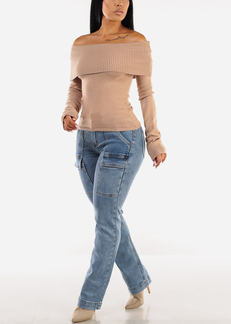 Fitted Off Shoulder Rib Knit Sweater Khaki