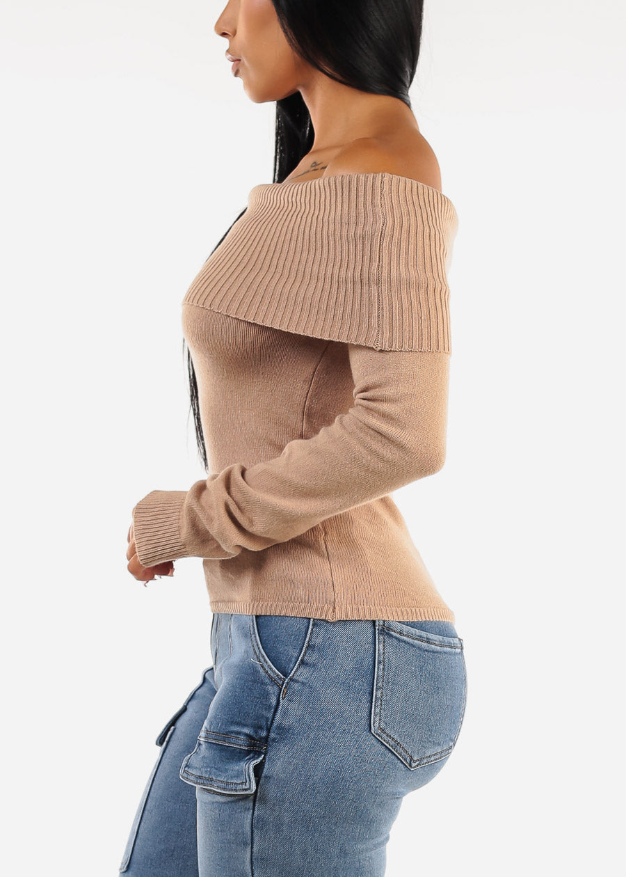 Fitted Off Shoulder Rib Knit Sweater Khaki