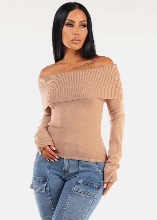 Fitted Off Shoulder Rib Knit Sweater Khaki