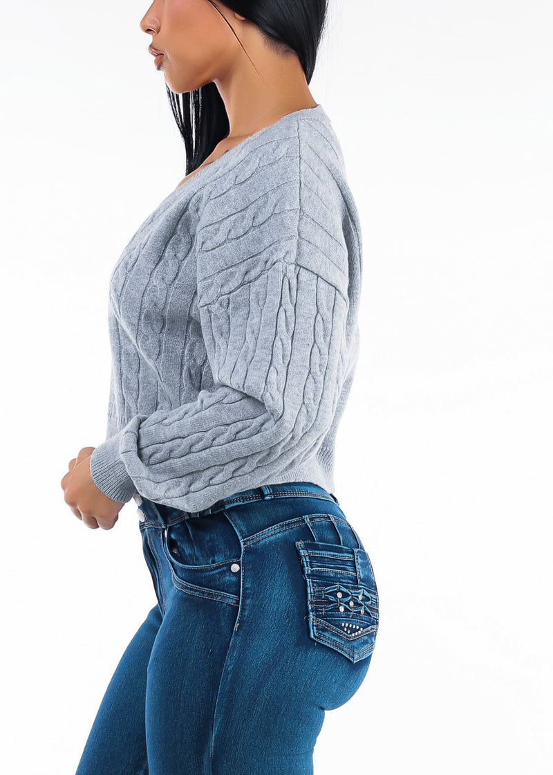 Oversized Long Sleeve Vneck Cable Knit Sweater Grey
