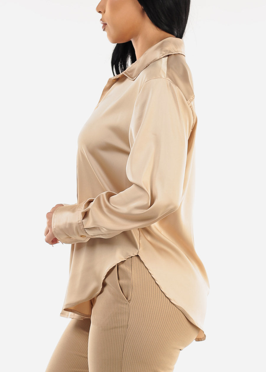 Long Sleeve Button Up Satin Blouse Light Khaki