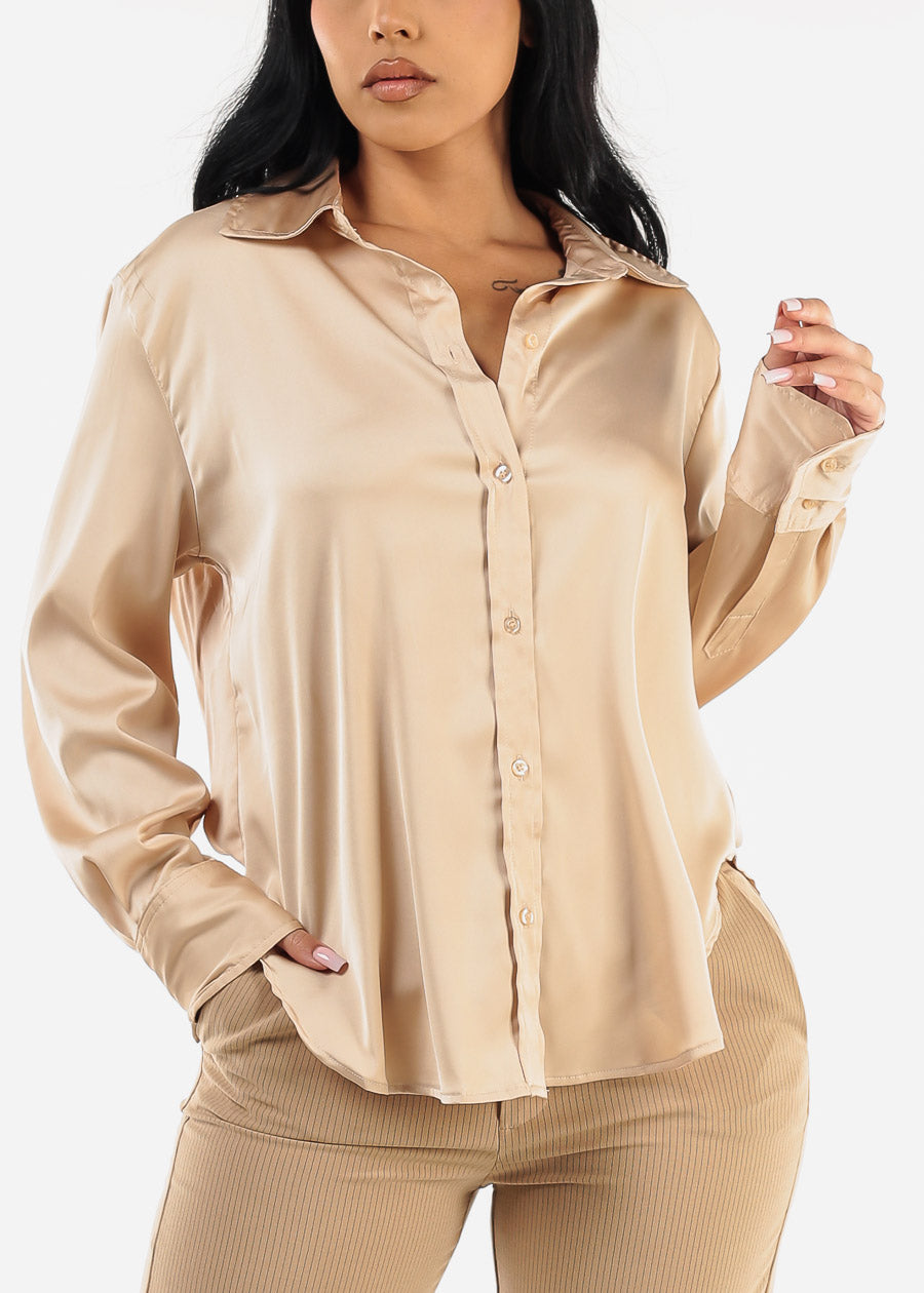 Long Sleeve Button Up Satin Blouse Light Khaki