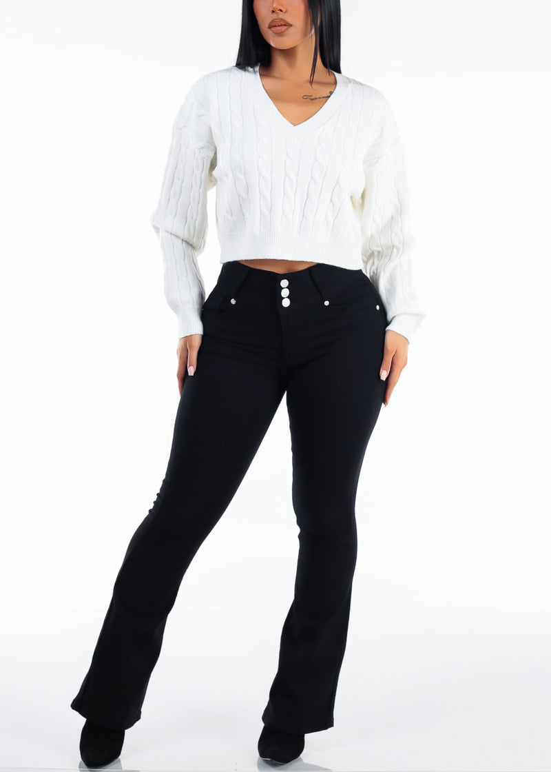 Oversized Long Sleeve Vneck Cable Knit Sweater Ivory