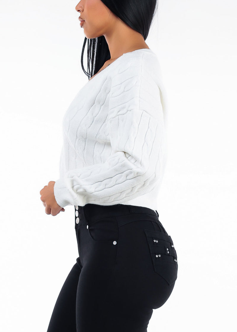 Oversized Long Sleeve Vneck Cable Knit Sweater Ivory