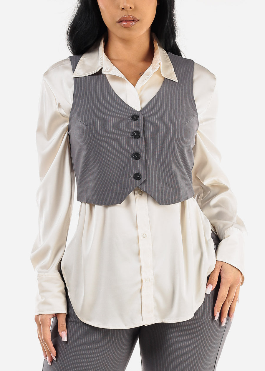 Sleeveless Button Up Stripe Vest Grey