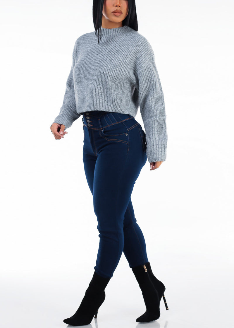 Long Sleeve Oversized Mock Neck Knitted Sweater Grey