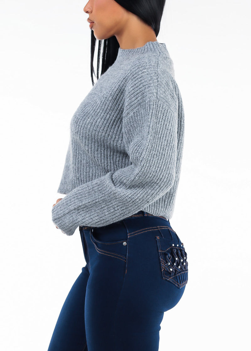 Long Sleeve Oversized Mock Neck Knitted Sweater Grey