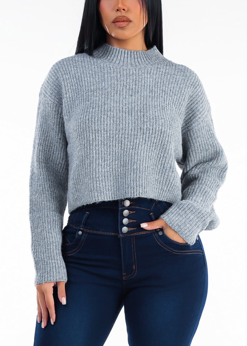 Long Sleeve Oversized Mock Neck Knitted Sweater Grey
