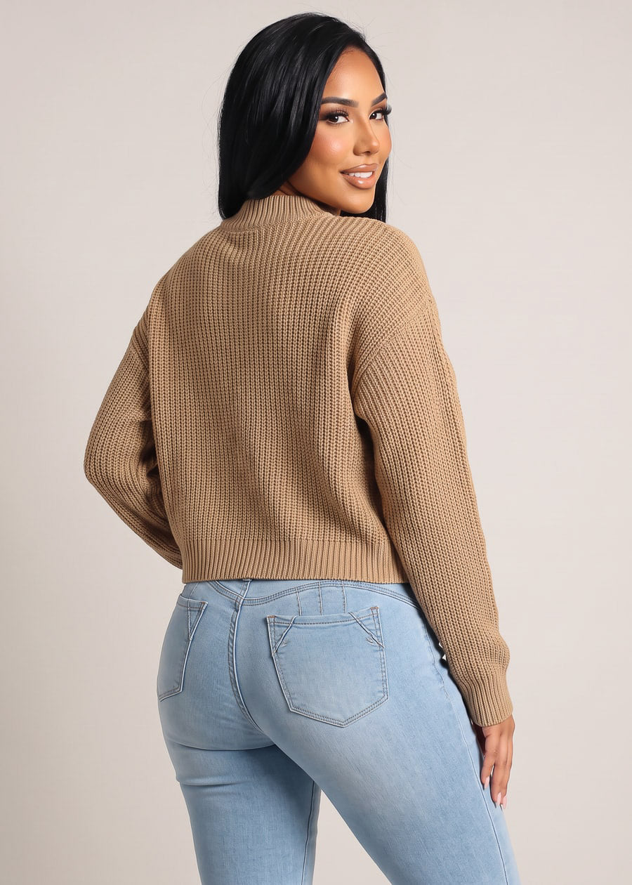 Long Sleeve Oversized Mock Neck Knitted Sweater Khaki, view 2 of 2