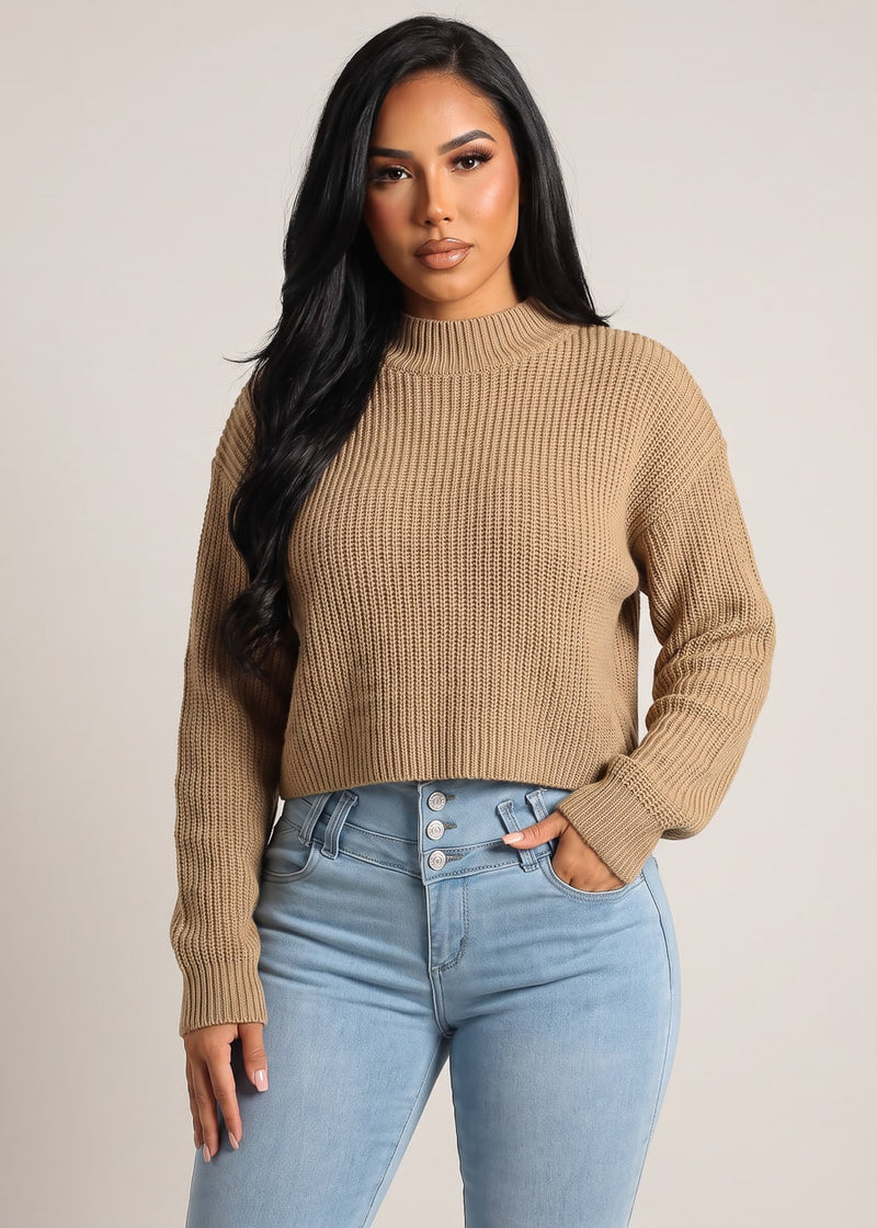 Long Sleeve Oversized Mock Neck Knitted Sweater Khaki