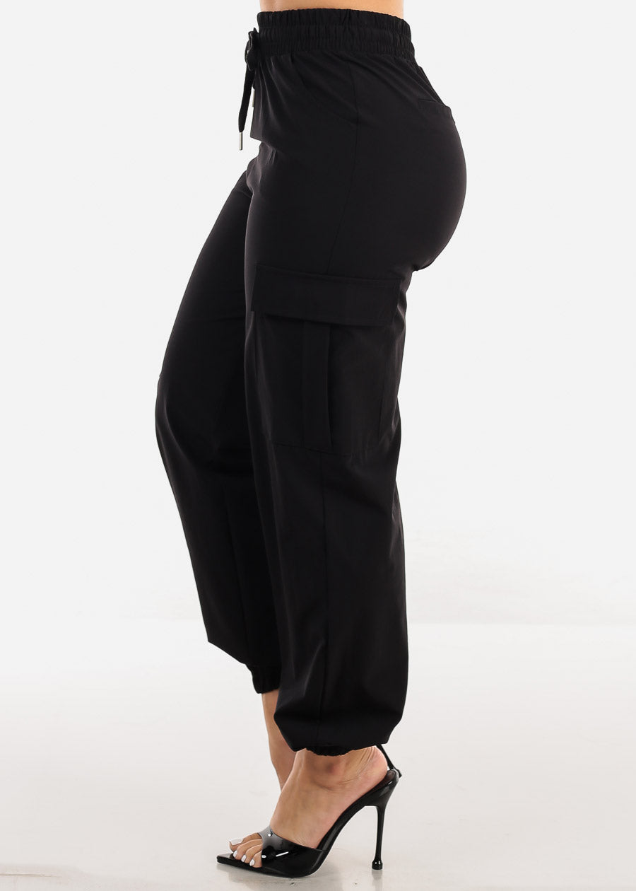 High Waist Drawstring Black Cargo Jogger Pants