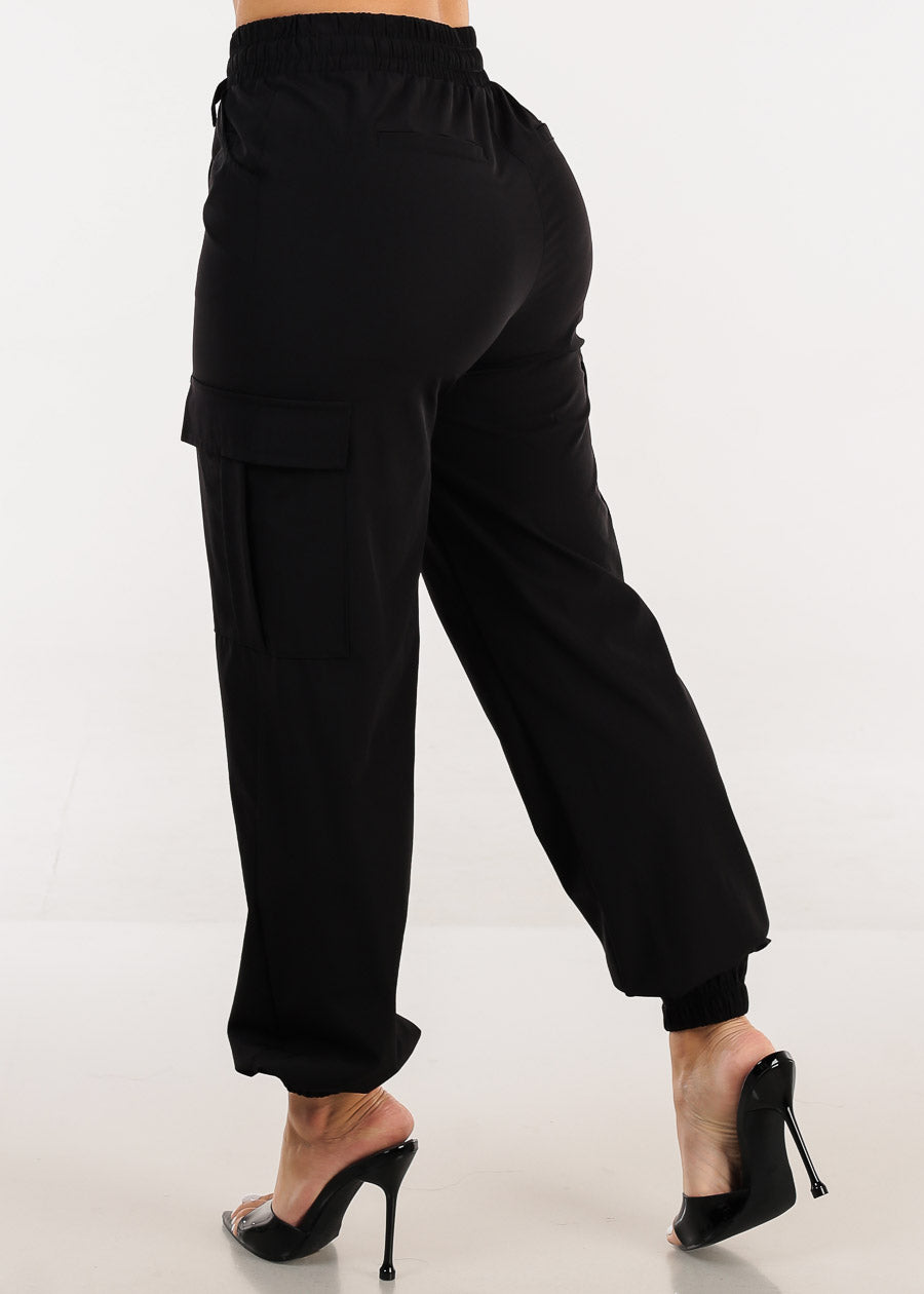 High Waist Drawstring Black Cargo Jogger Pants