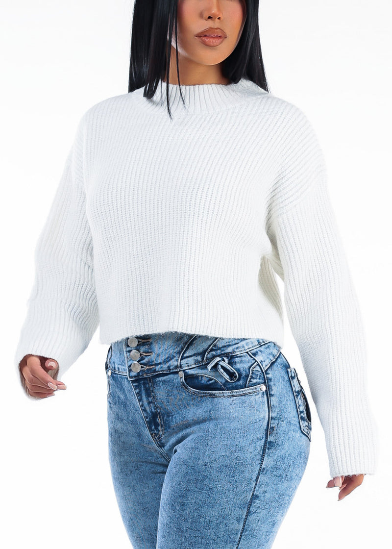 Long Sleeve Oversized Mock Neck Knitted Sweater Ivory