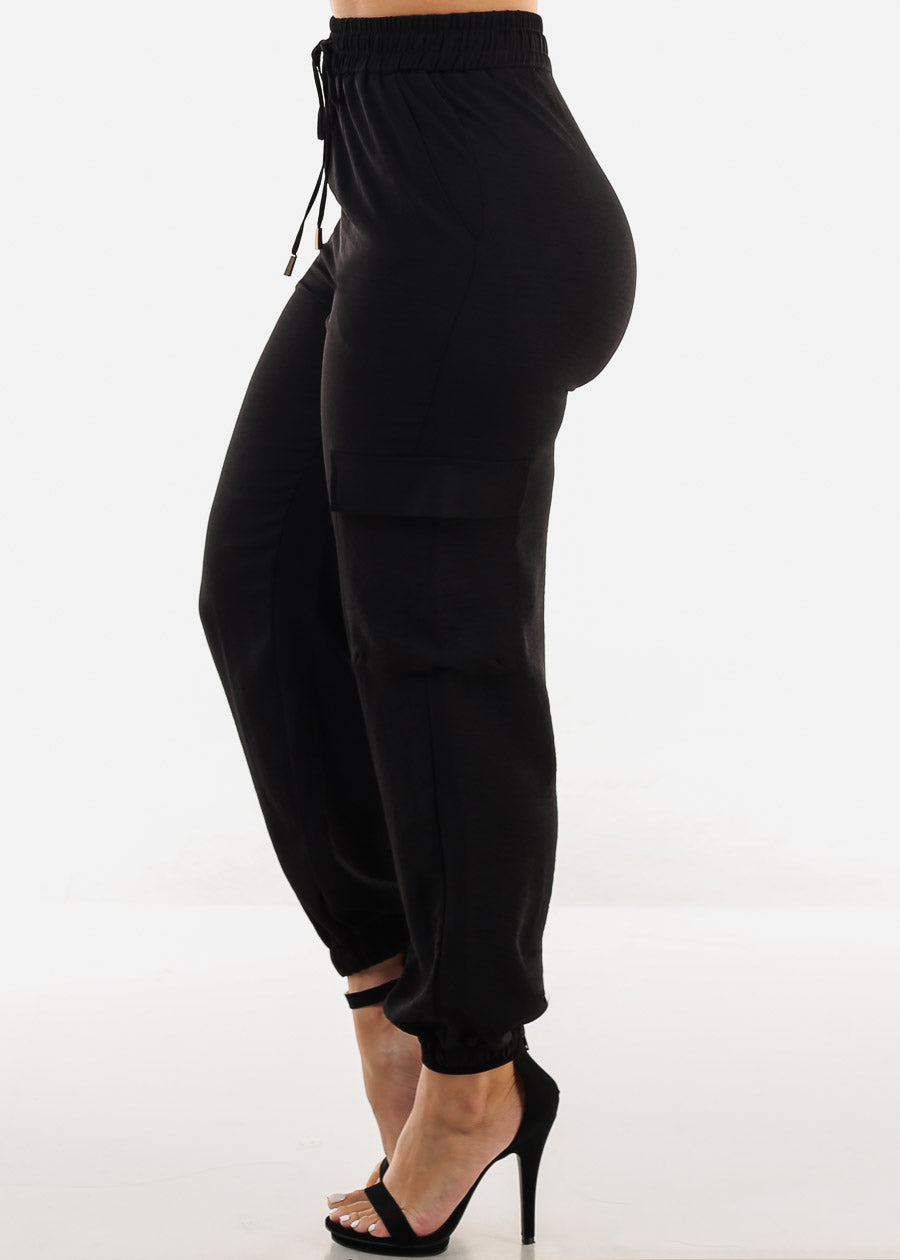 Super High Waist Black Cuffed Cargo Jogger Pants