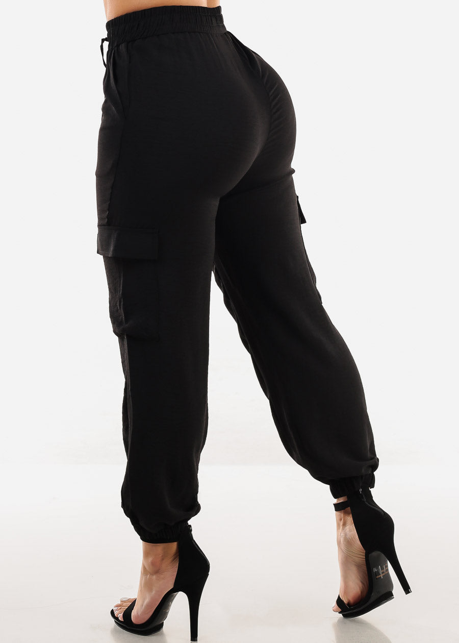 Super High Waist Black Cuffed Cargo Jogger Pants