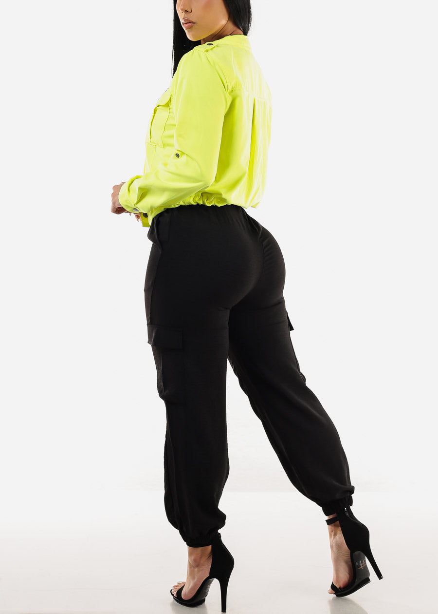 Super High Waist Black Cuffed Cargo Jogger Pants