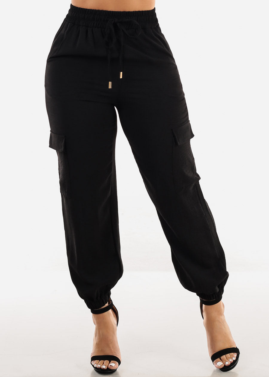 Super High Waist Black Cuffed Cargo Jogger Pants