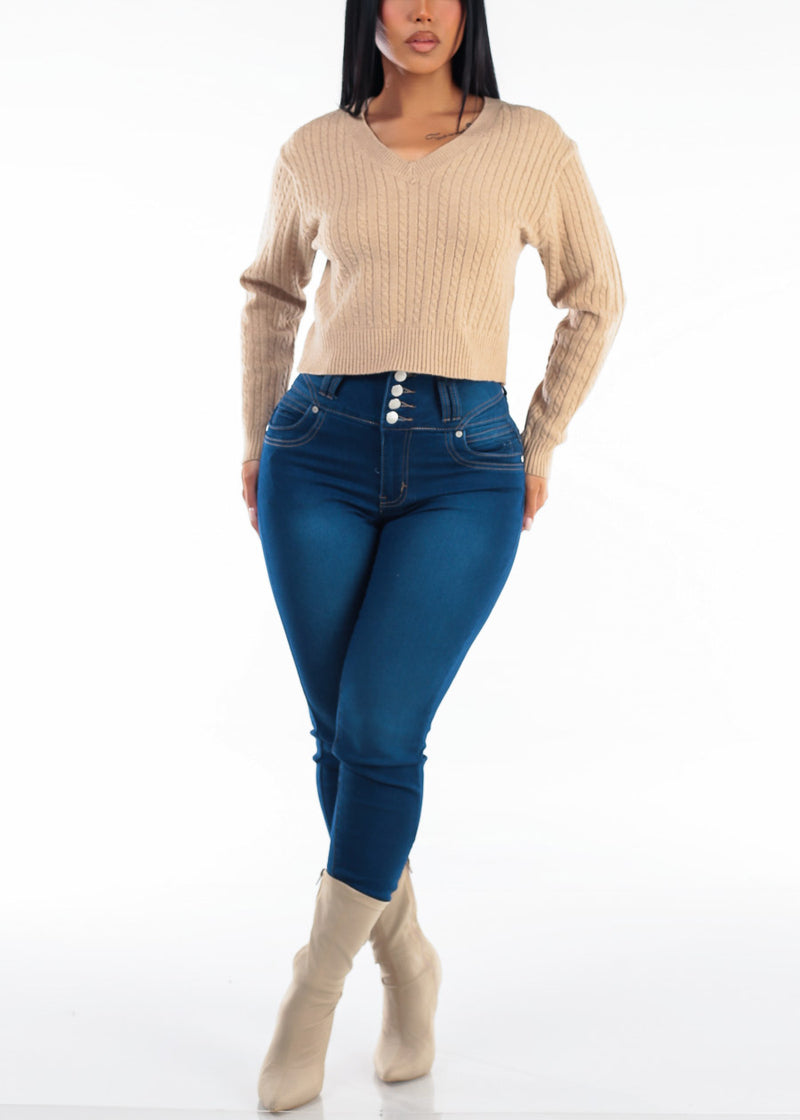 Vneck Long Sleeve Cable Knit Sweater Khaki
