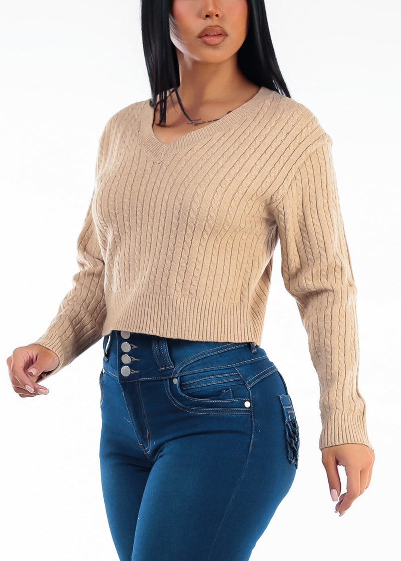 Vneck Long Sleeve Cable Knit Sweater Khaki