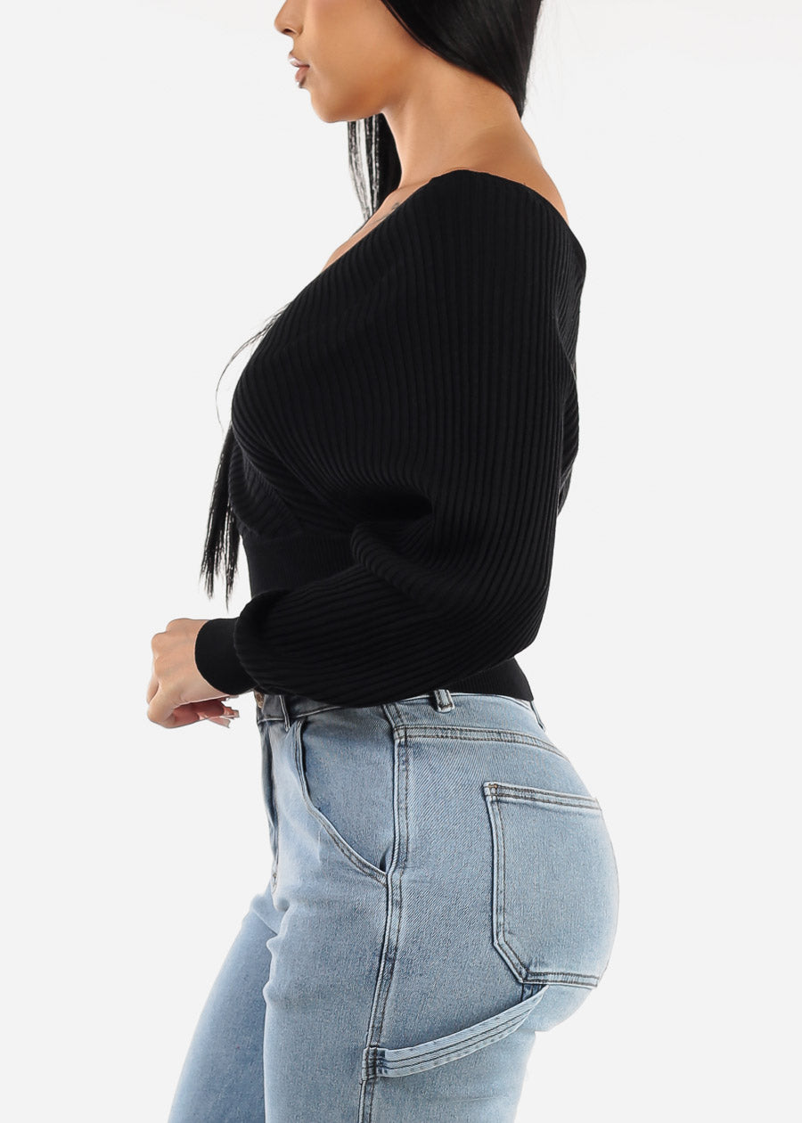 Black Long Sleeve Surplice Knit Sweater Top