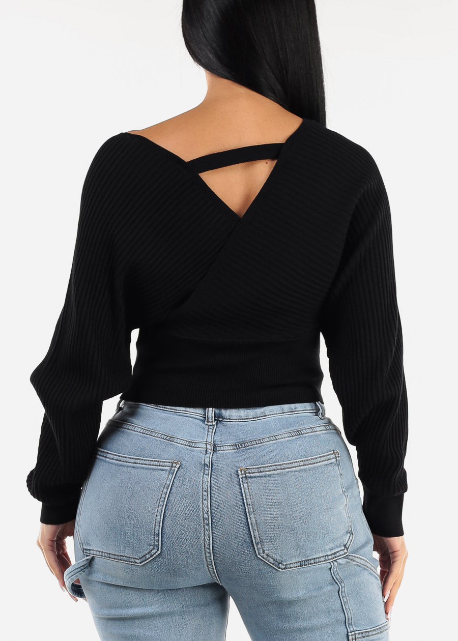 Black Long Sleeve Surplice Knit Sweater Top