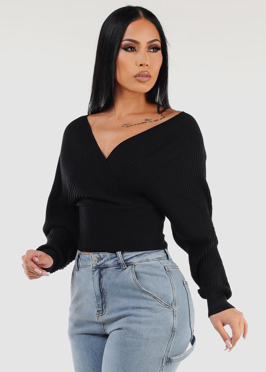 Black Long Sleeve Surplice Knit Sweater Top