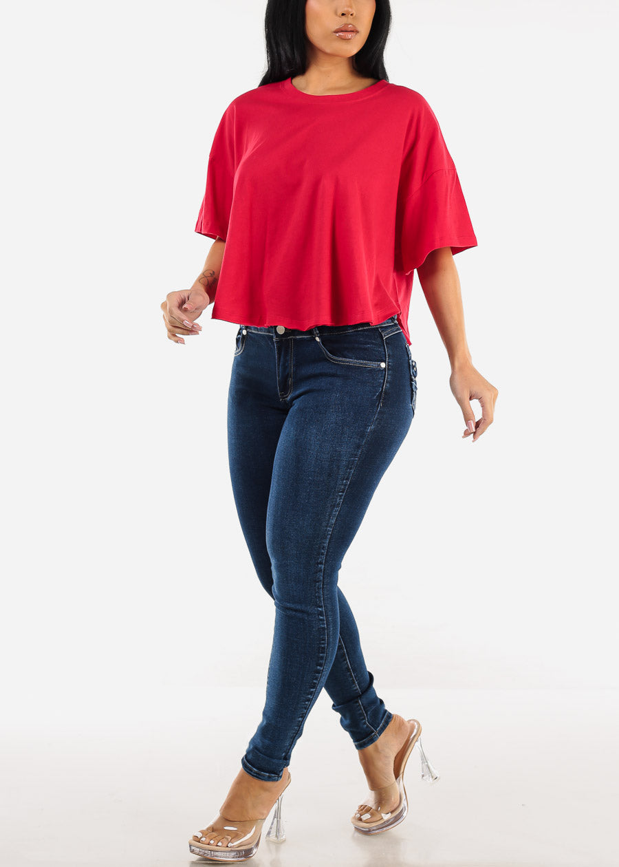 Short Sleeve Flowy Cotton Top Red