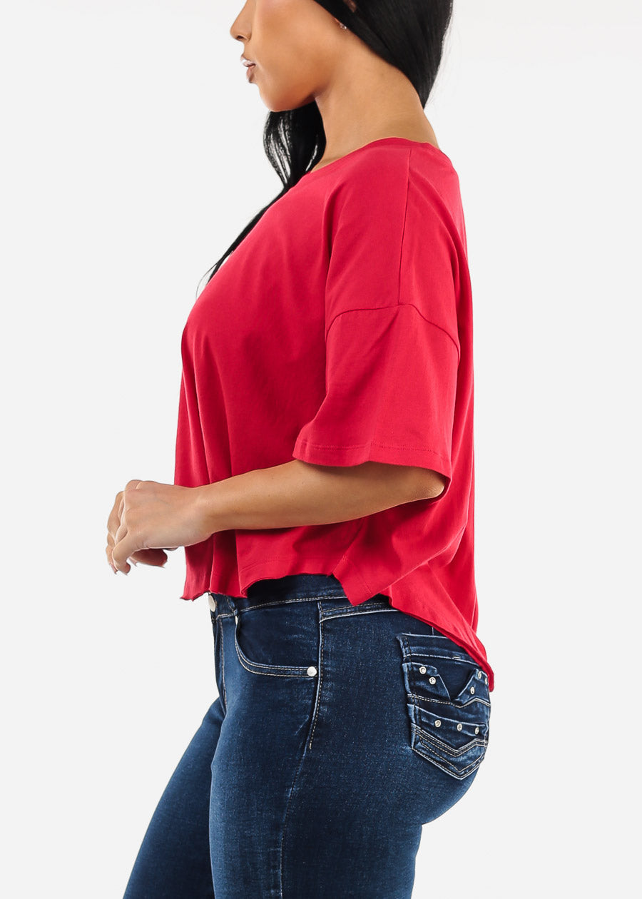 Short Sleeve Flowy Cotton Top Red