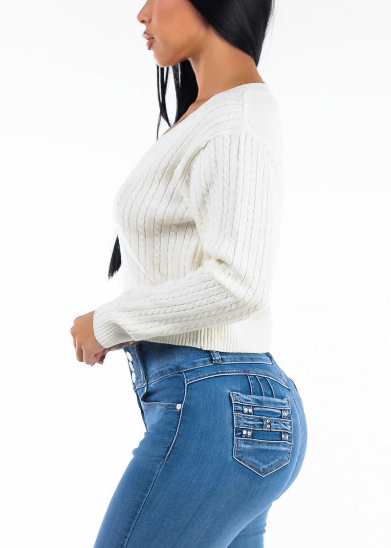 Vneck Long Sleeve Cable Knit Sweater Ivory