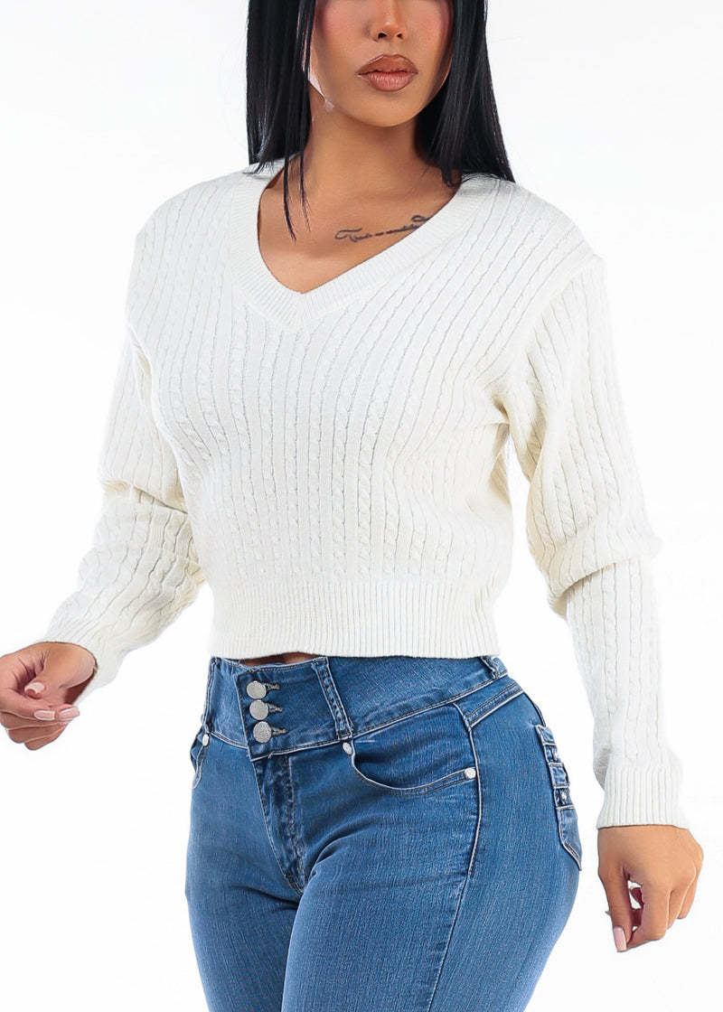 Vneck Long Sleeve Cable Knit Sweater Ivory