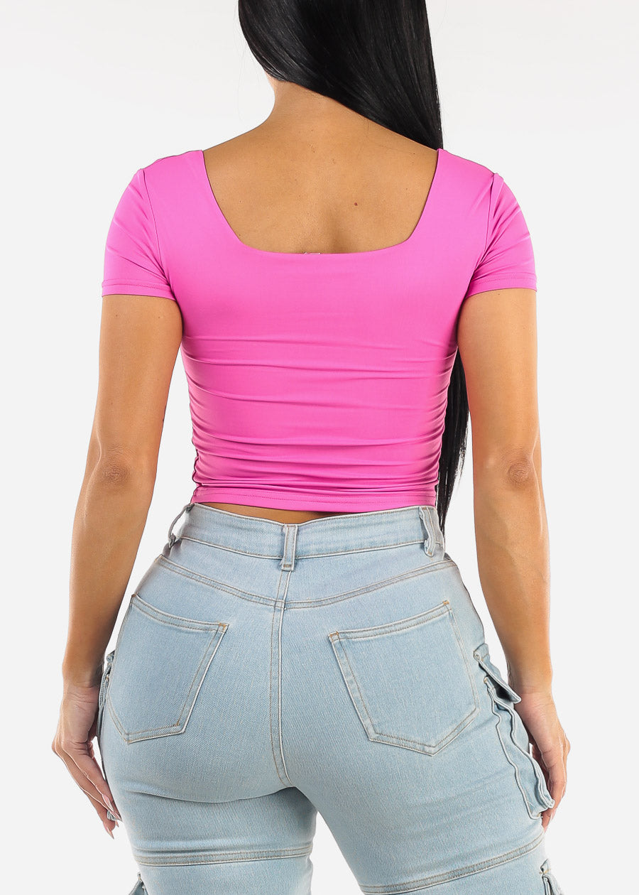 Double Layered Square Neck Crop Top Fuchsia